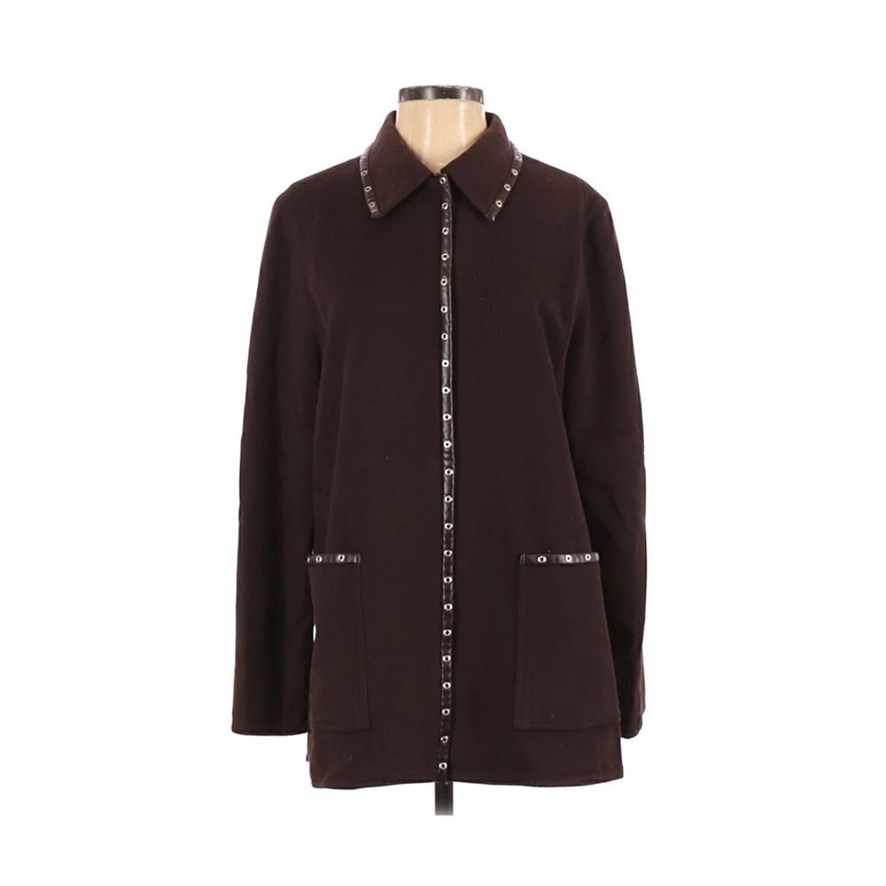 Vintage 90% Laine Wool Brown Long Line Blazer Jacket Coat Women Size 8
